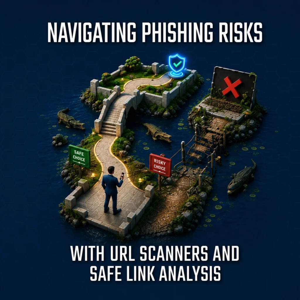 Two paths: a safe route over a strong stone bridge and an unsafe route over a collapsing wooden bridge above alligators, leading to a compromised system.