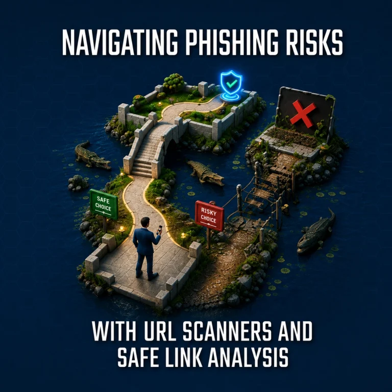 Two paths: a safe route over a strong stone bridge and an unsafe route over a collapsing wooden bridge above alligators, leading to a compromised system.